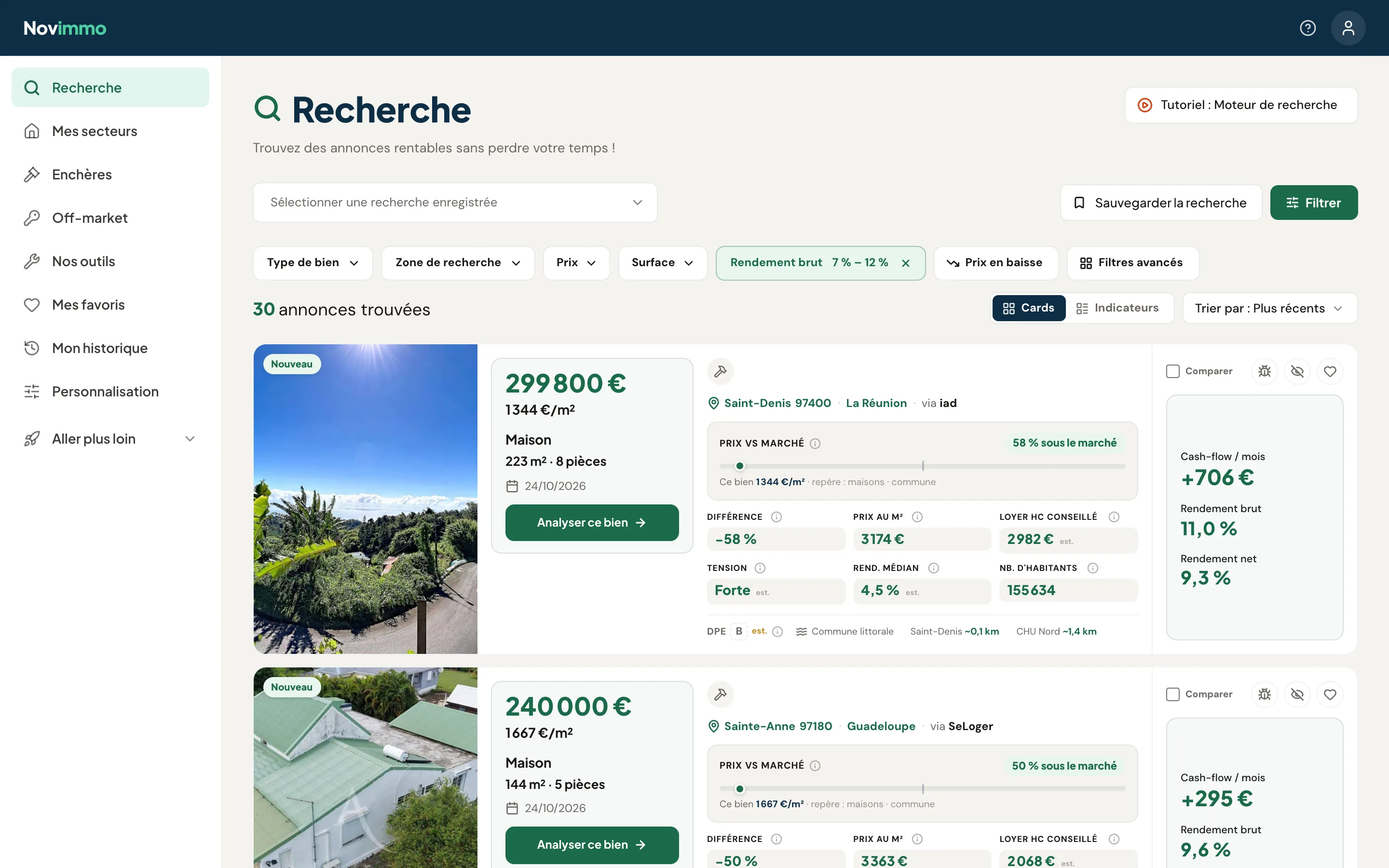 Résultats du moteur de recherche Novimmo sur ordinateur